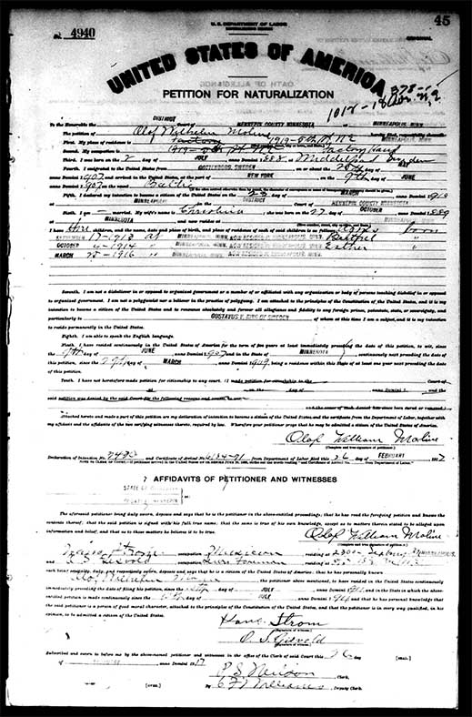 Olof William Moline (1888-1946) - Petition for Naturalization (1917)