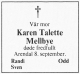Karen Talette Mellbye (1897-1990) - Dødsannonse i Agderposten, tirsdag 11. september 1990
