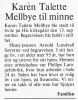 Karen Talette Mellbye (1897-1990) - Minneord i Agderposten, tirsdag 18. september 1990