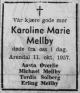 Karoline Marie Mellbye, født Olsen (1869-1957) - Dødsannonse i Agderposten, mandag 14. oktober 1957