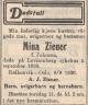 Mina Marie Ziener, født Johnsen (1859-1930) - Dødsannonse i Buskeruds Blad, mandag 8. september 1930