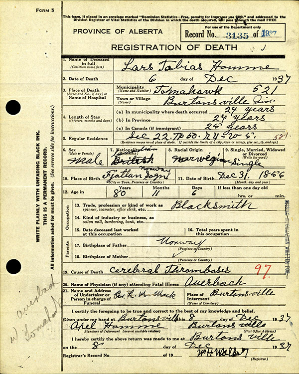 Lars Tobias Homme (1856-1937) - Registration of Death (Province of Alberta, Canada, 1937)