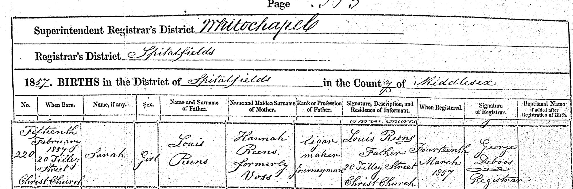 Sarah Reens (b. 1857) - Birth Registration (Spitalfields, Middlesex, London 1857)