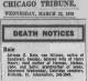 Alfrida Olivia Baie (born Nilsson, 1893-1970) - Death notice in The Chicago Tribune on the 25th of March 1970