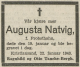 Auguste Natvig, født Probsthahn (1874-1943) - Dødsannonse i Fædrelandsvennen, fredag 22. januar 1943