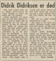 Didrik Didriksen (1894-1963) - Minneod i Agderposten, lørdag 14. desember 1963