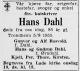 Hans Emanuel Dahl (1870-1955) - Dødsannonse i Adresseavisen, mandag 8. august 1955