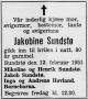 Jakobine Sundstø, født Jakobine Ingeborg Marie Andreassen (1870-1951) - Dødsannonse i Dalane Tidende, onsdag 14. februar 1951