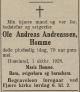 Ole Andreas Andreassen Homme (1849-1928) - Dødsannonse i Grimstad Adressetidende den 2. oktober 1928