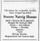 Sverre Natvig Honne (1922-1985) - Dødsannonse i Bergens tidende, tirsdag 26. februar 1985