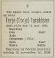 Terje (Torje) Taraldsen (1896-1965) - Dødsannonse i Arbeiderbladet den 16. november 1965