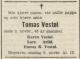 Tomas Vestøl (1912-1955) - Dødsannonse i Aust-Agder Blad, lørdag 5. november 1955